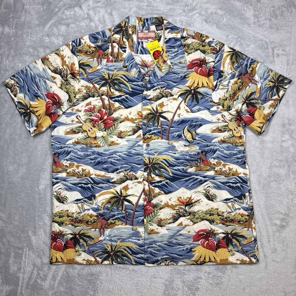 RJC Hawaiian Shirt Mens 2XL‎ Cotton Surf  Flying Fish Floral Guitar 102C USA